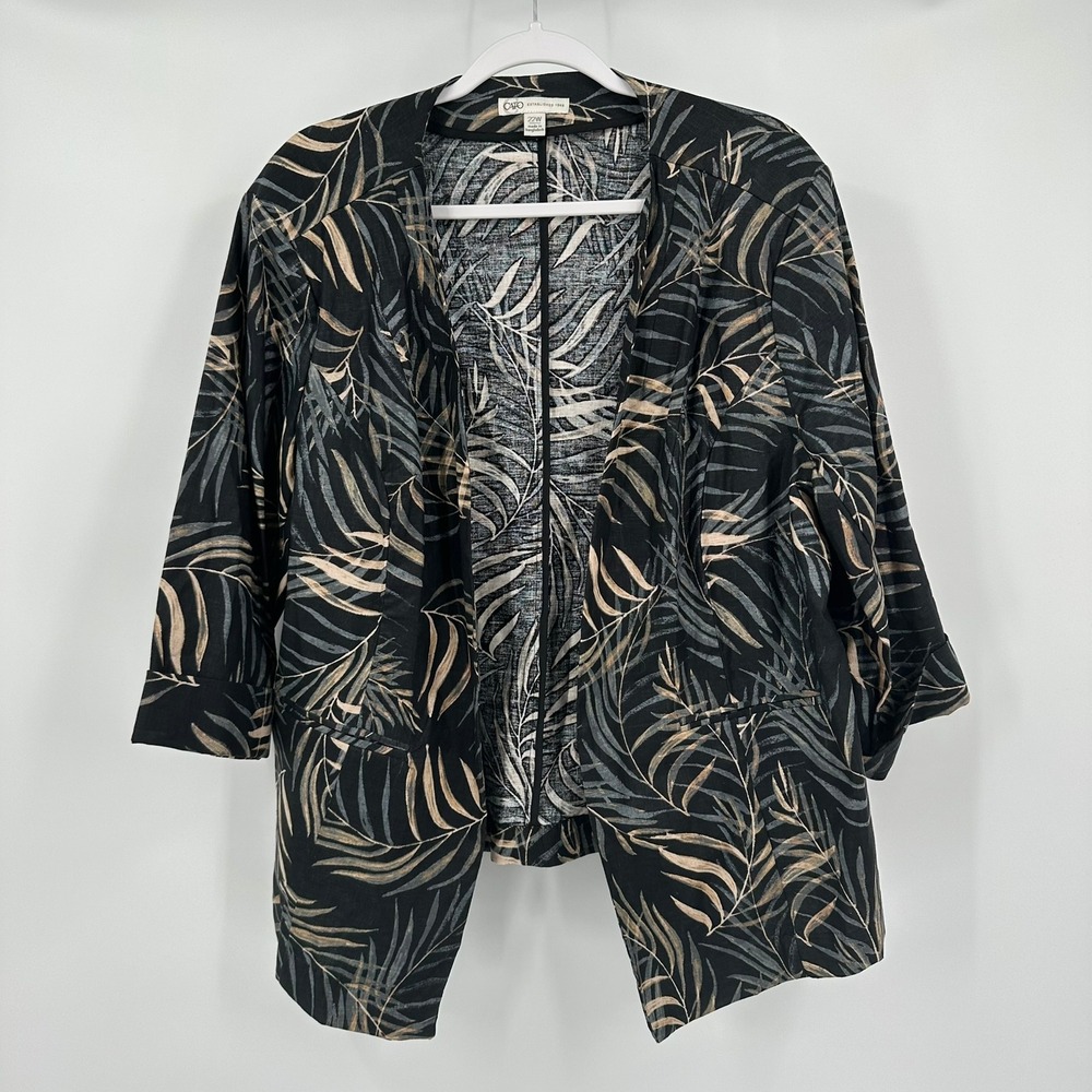 Womens Tropical Linen Blend‎ Jacket Size 22W Palm Resort Open Front Botanical